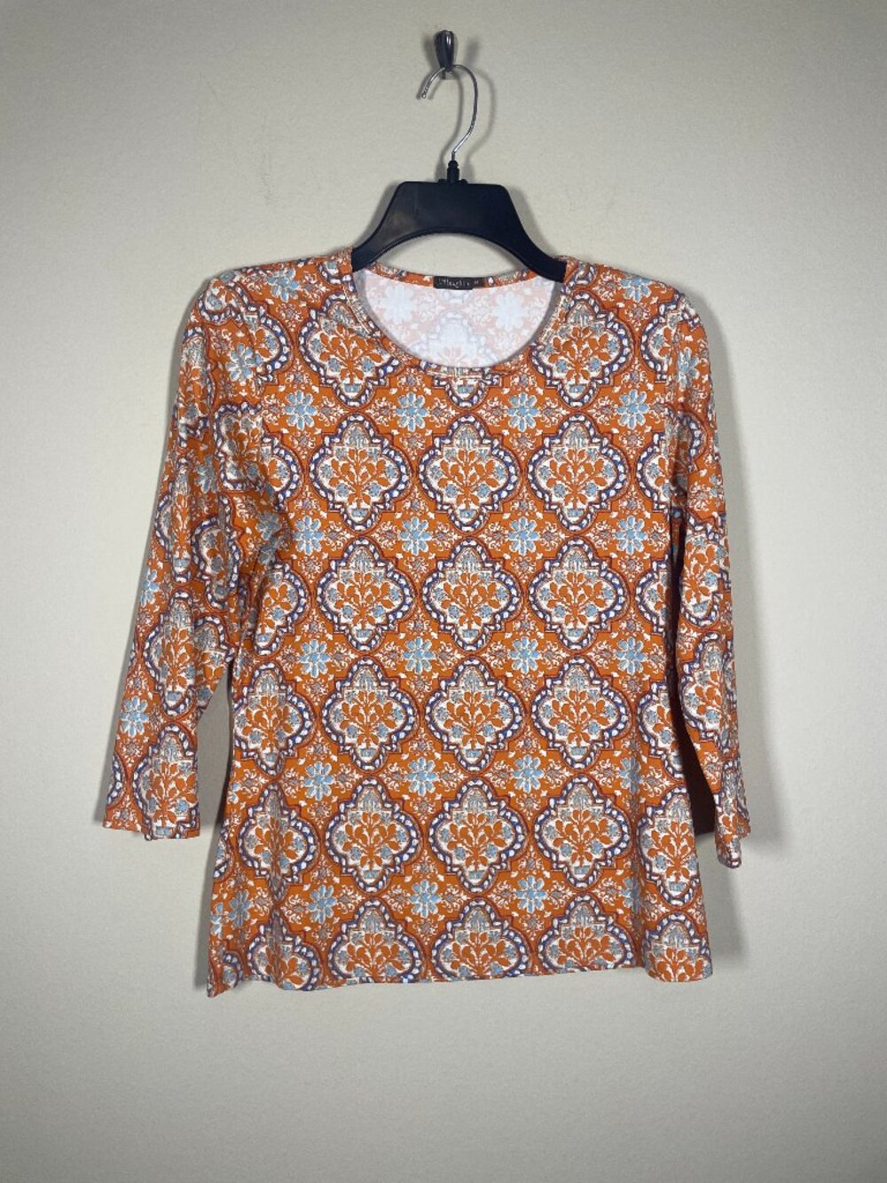 J Mclaughlin Women's 3/4 Sleeve Orange Blue floral print top Medium!